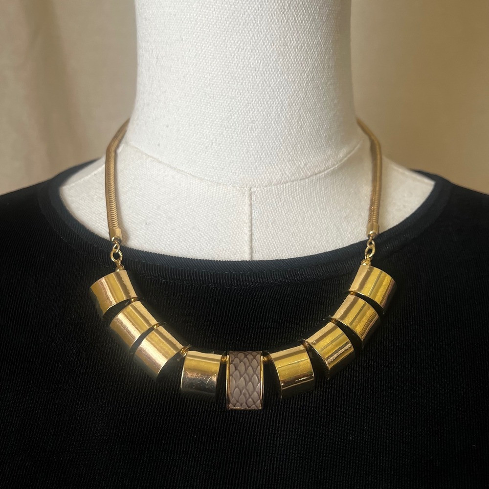 Vintage Gold Tone‎ Sculptural Panel Necklace Chunky Modernist Collar 18–21"